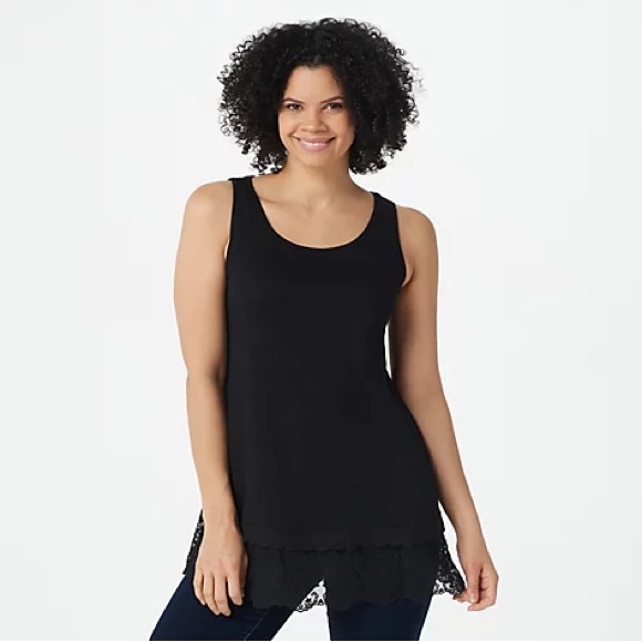 LOGO Layers by Lori Goldstein Cotton Slub Tank Lace Hem - Black (sz L) A394182 - Picture 3 of 4